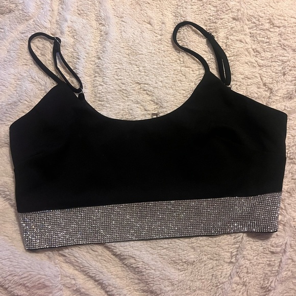 AKIRA Black Crop Top with Silver Rhinestone Trim - Picture 1 of 2